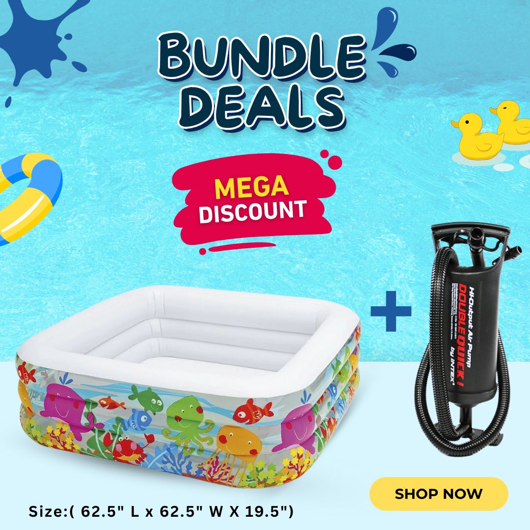 Kids Inflatable Square Pool with Double Action Hand Pump – Bundle Deal | Summer Fun Set